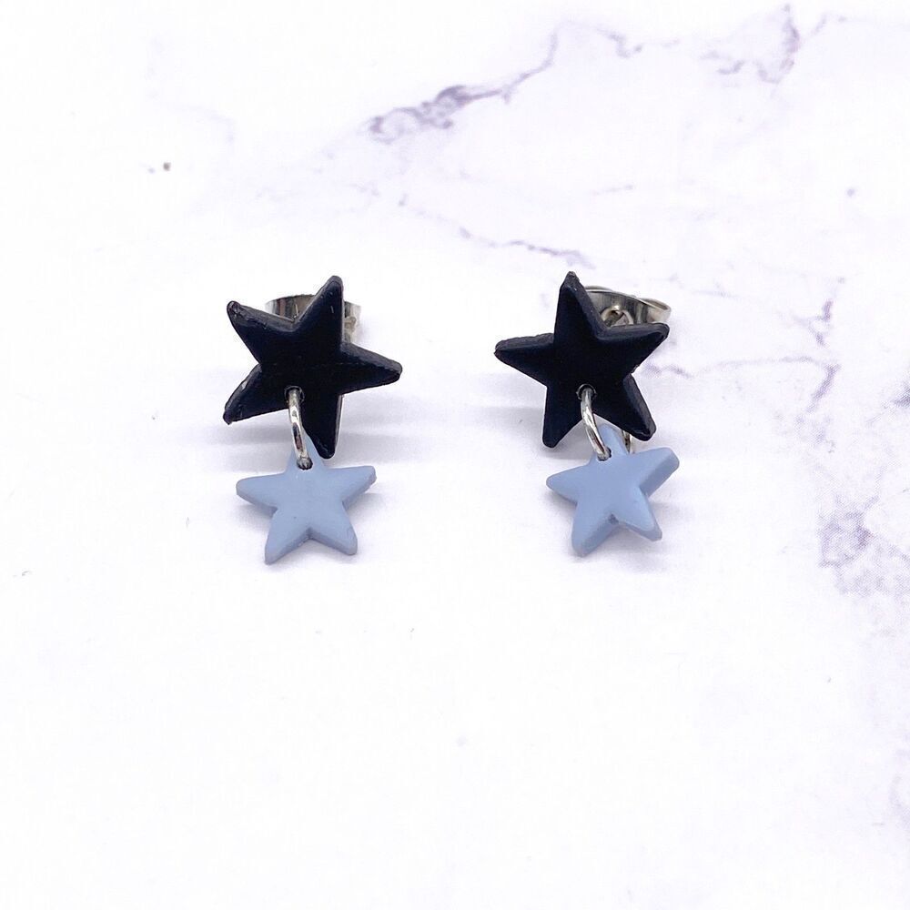 Black and Blue Small Star Dangle Stud Earrings